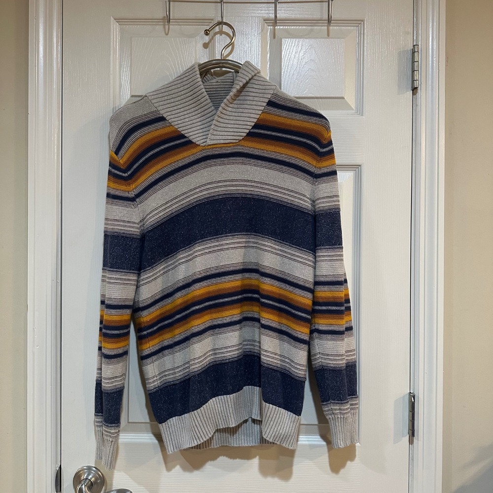 Sun + Stone Mens Shawl Collar Striped Cotton Knit Sweater Navy Yellow Grey M